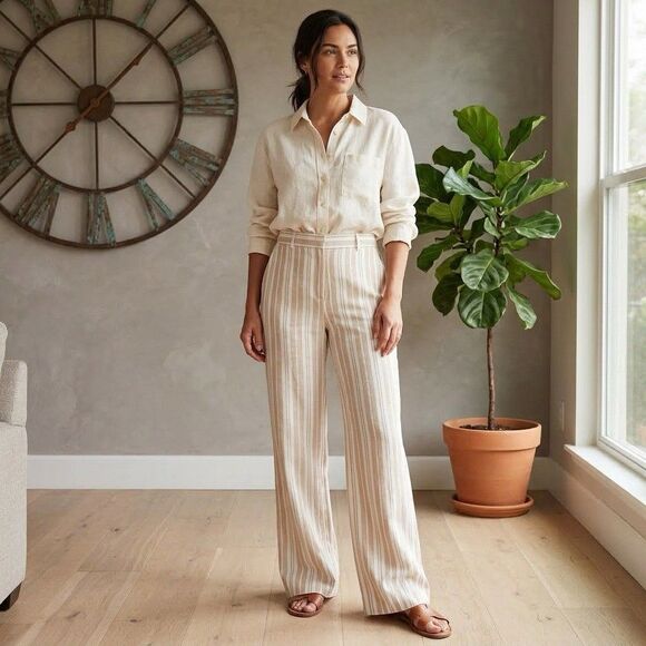 Calvin Klein Pants - Calvin Klein Womens Pants 2 NWT Tan & White Stripe Wide Leg Lined